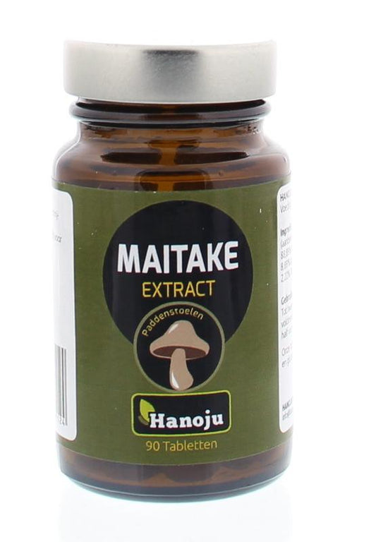 Hanoju Maitake extract 400mg herbal supplement tablets in a blister pack, part of the kruidenpreparaten collection.