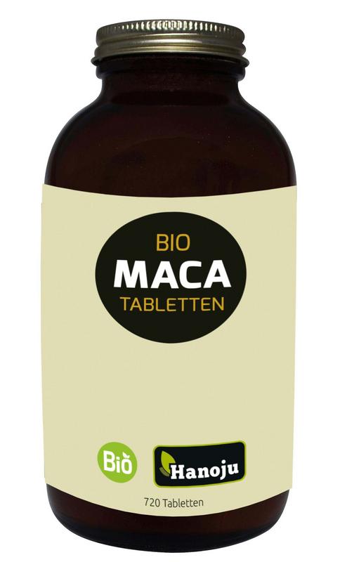 Hanoju Bio Maca tabletten, herbal supplement in a bottle, showing round tablets in a clear container.