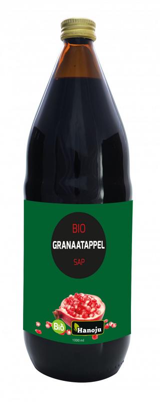 Hanoju organic pomegranate juice in a 1-liter bottle, showcasing the vibrant red color of the drink in a clear glass.
