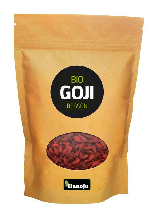 Hanoju organic dried goji berries in a 250g package, raw superfood, close-up of vibrant red goji berries.