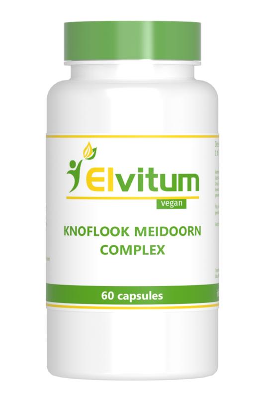 Elvitum Kruidenpreparaten Elvitum Knoflook meidoorn complex capsules, 60 count, with images of capsules and herbal ingredients.