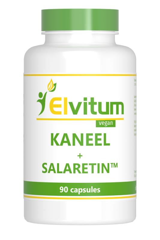 Elvitum Kaneel met salaretin kruidenpreparaten in vegetarische capsules, close-up of the capsule bottle with label details