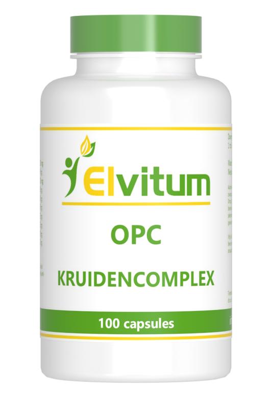 Elvitum OPC kruidencomplex vegetarische capsules, herbal supplement in clear capsules, displayed on a neutral background.