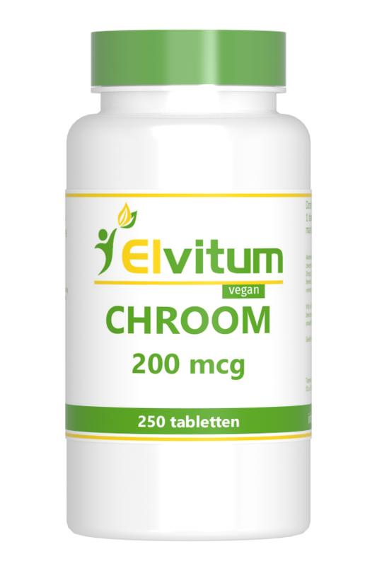 Elvitum mineral supplement box with 250 chrome tablets, showing the packaging and tablets inside.