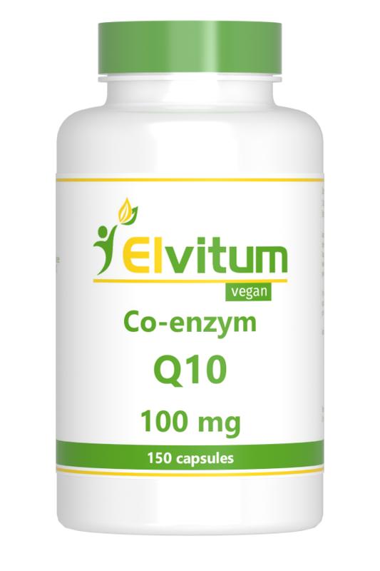 Elvitum Co-enzym Q10 100mg vegetarian capsules, close-up of the supplement bottle and capsules on a white background.