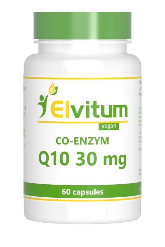 Elvitum Co-enzyme Q10 30mg vegetarian capsules, 60-count, dietary supplement with softgel capsules for energy support.