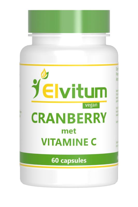 Elvitum Cranberry + 60mg vitamine C vegetarian capsules, herbal supplement bottle with capsules and label visible.