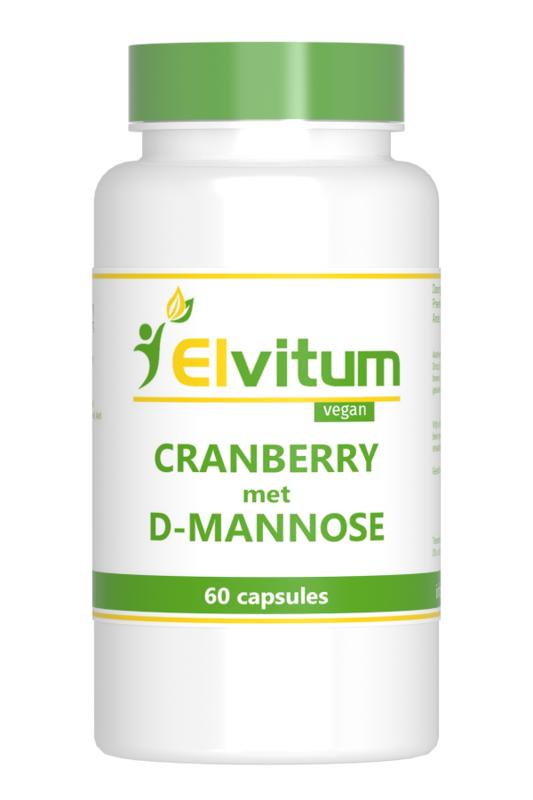 Elvitum Cranberry & D-Mannose herbal capsules in a bottle, vegetarian supplement for urinary health, with a white label and cap.
