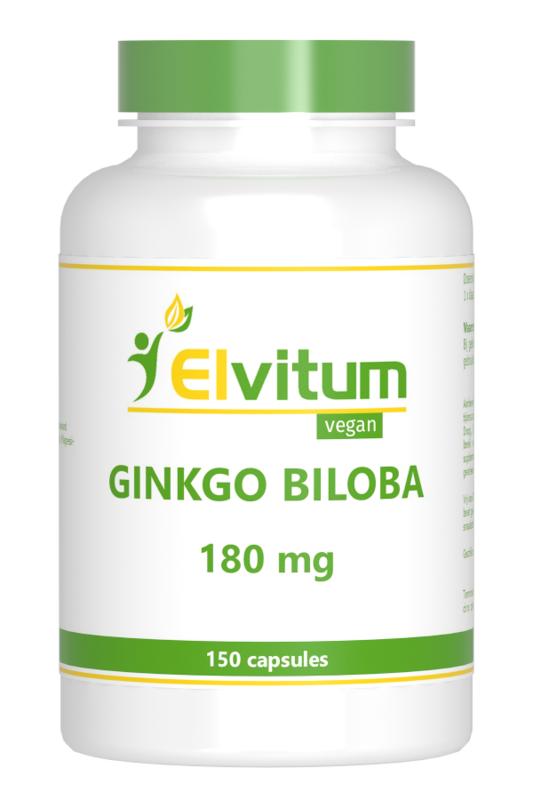 Elvitum Ginkgo biloba 150 vegetarian capsules, herbal supplement in a bottle, with capsules visible in the image.