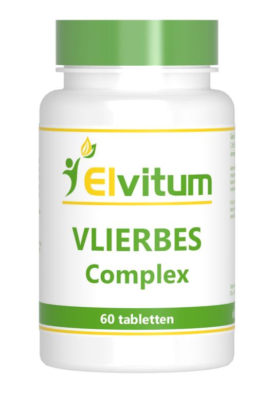 Elvitum Vlierbes complex herbal tablets in a bottle, showing the supplement packaging and 60 tablets inside.