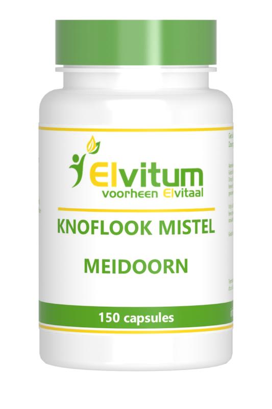 Elvitum Kruidenpreparaten Elvitum Knoflook Mistel Meidoorn capsules in a bottle, showing the product label and capsules inside