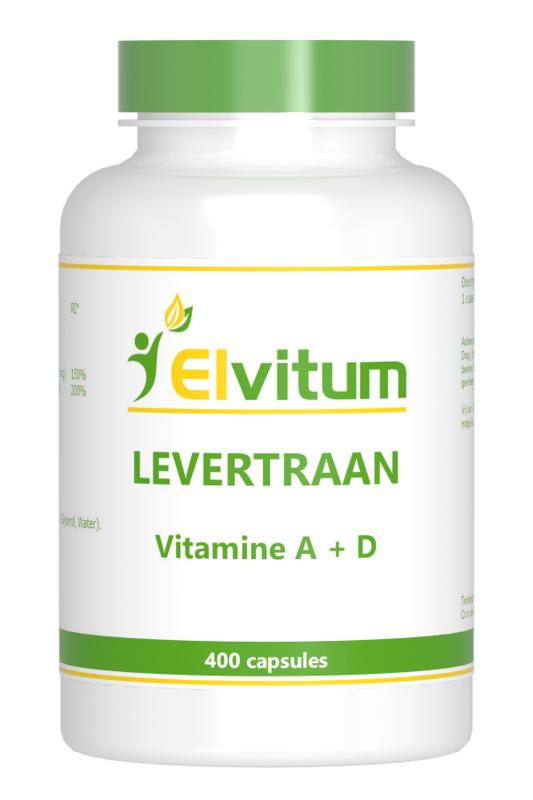 Elvitum Levertraan A D3 capsules, dietary vetzuren supplement with fish oil and vitamin D3, shown in the image.