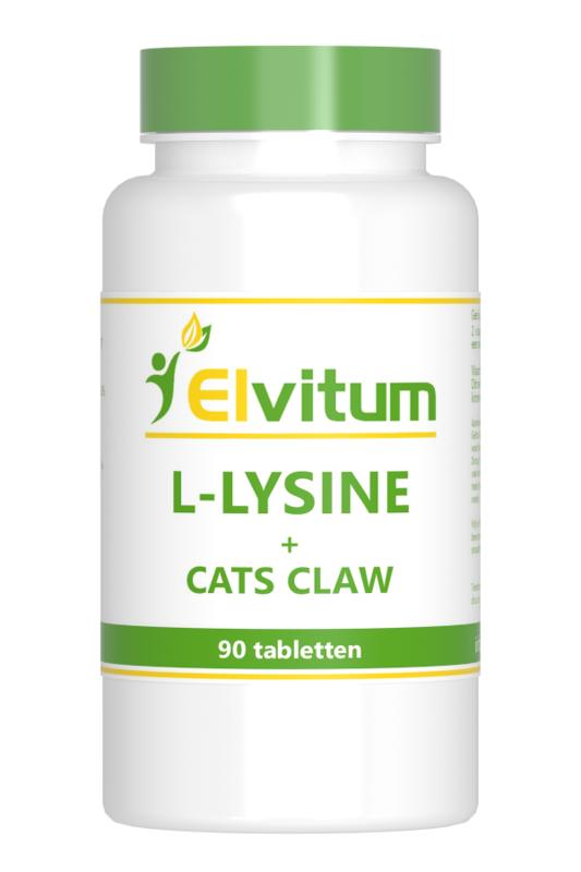Elvitum L-Lysine Cats Claw amino acid tablets for cats, shown in a bottle with 90 tablets for immune support.