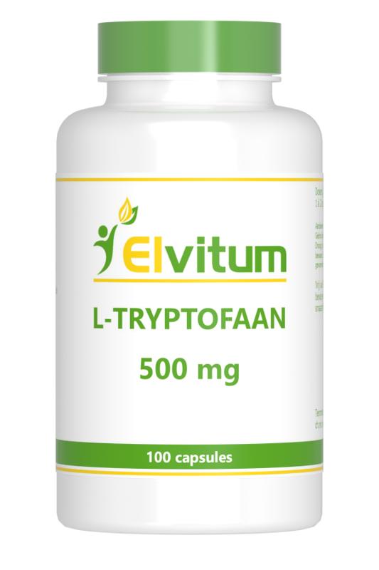 Elvitum L-Tryptofaan amino acid capsules in a bottle, dietary supplement for mood and sleep support.