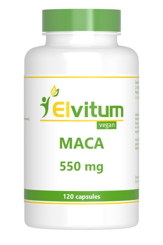 Elvitum Maca vegetarian capsules in a bottle, herbal supplement for energy and vitality, showing the product packaging.