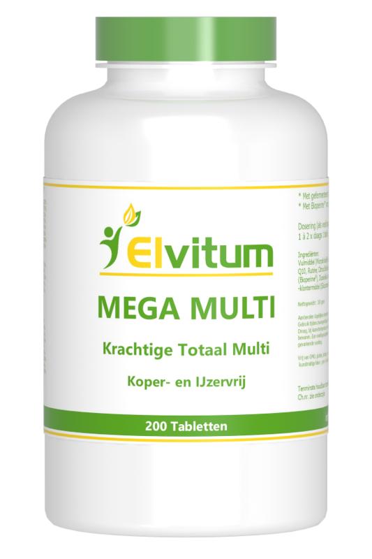 Elvitum Mega Multi Vitamin tablets in a bottle, showing the colorful tablets inside, for daily nutritional supplement.
