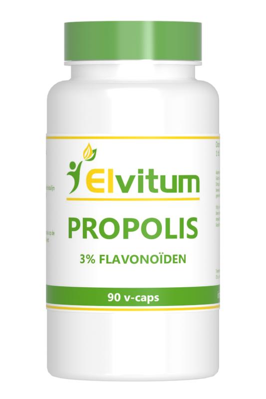 Elvitum Propolis 3% flavonoiden vegetarian capsules, herbal supplement in a white bottle with capsules visible inside.