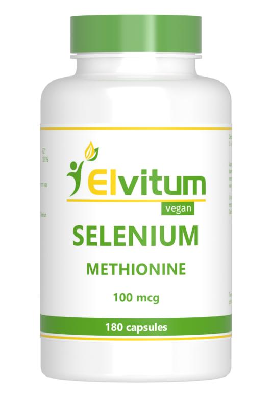 Elvitum Selenium methionine 100mcg vegetarian capsules, dietary supplement with mineral content, in a clear bottle.