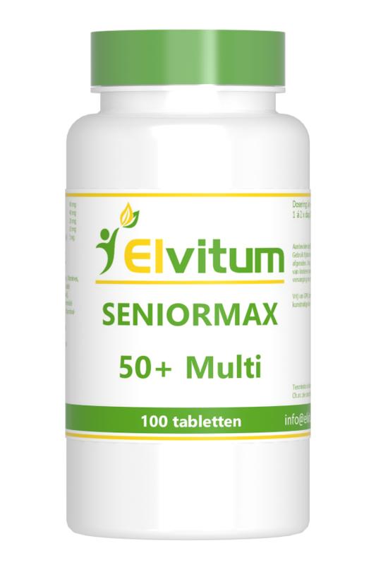 Elvitum Seniormax 50+ multi vitamin tablets in a blister pack, designed for senior health and daily nutritional support.