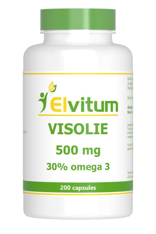 Elvitum Omega 3 Vetzuren capsules, 500mg with 30% omega-3, showing a bottle of 200 capsules.