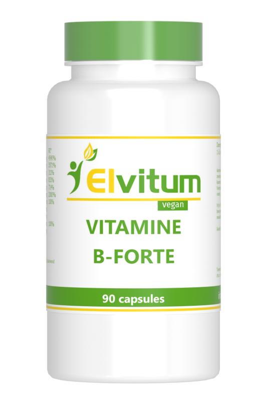 Elvitum Vitamine B-forte gistvrij vegetarian capsules, multi-vitamin supplement in a white bottle with capsules visible.