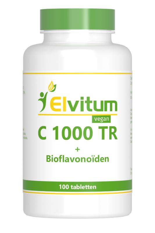 Elvitum Vitamin C 1000mg time-released tablets, natural supplement, close-up of the bottle with tablets inside.