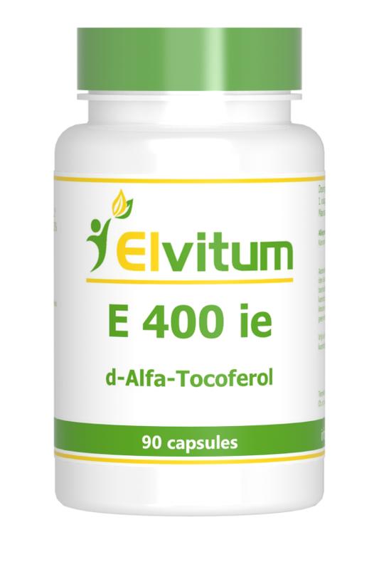 Elvitum Vitamin E 400IE 90 capsules showing the white bottle with label and capsules inside