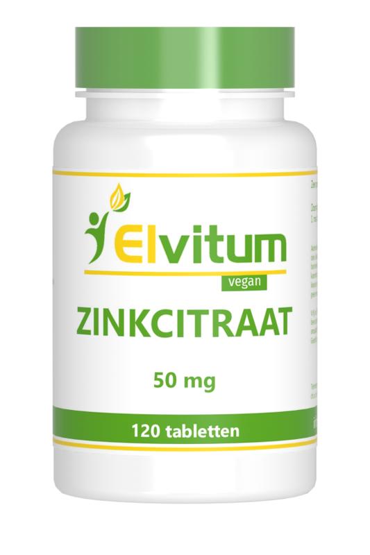 Elvitum Zink Citraat 50mg mineral supplement bottles with 120 tablets, showing the product label and tablets inside the package.