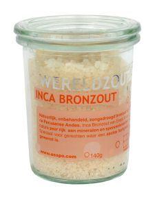Esspo Wereldzout Inca Bronzout in glass jar, 140g, a natural seasoning salt used in herbs, spices, and meal mixes.