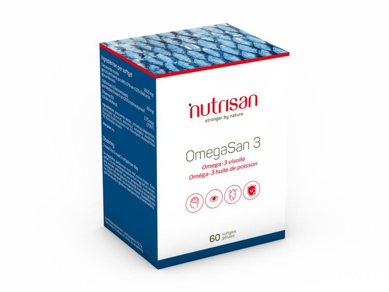Nutrisan Omegasan 3 softgels, omega fatty acids supplement, with clear softgel capsules on a white background.