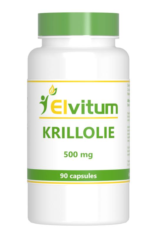 Elvitum Krill Oil 500mg capsules, dietary supplement with omega-3 fatty acids, shown in a bottle with capsules.