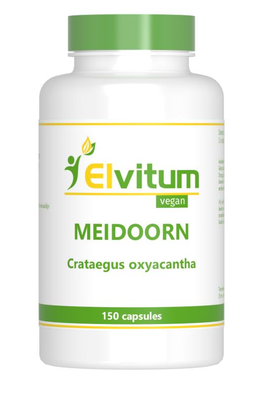 Elvitum Meidoorn vegetarian capsules in a bottle, herbal supplement for heart health, displayed with capsules visible.