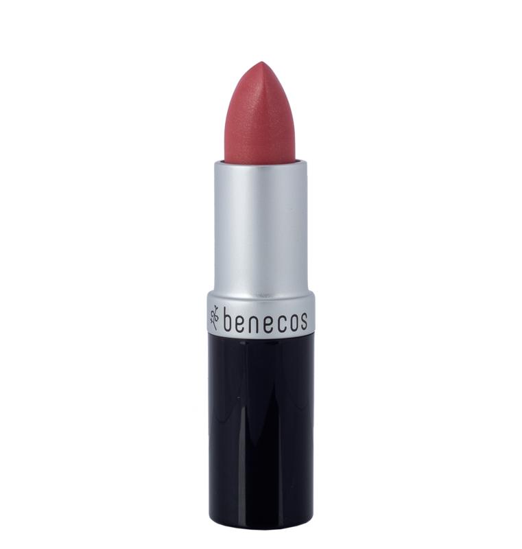 Benecos Natural Beauty peach lipstick displayed in its packaging, showcasing the vibrant peach color and sleek make-up design.