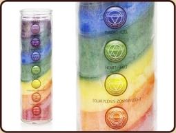 Ruben Robijn Chakrakaars candle in white with colorful chakra design, standing upright on a white background.