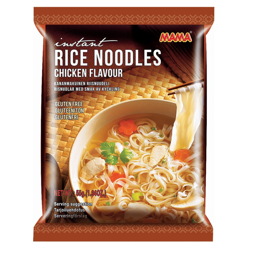 Mama instant noedels kipglutenvrij, 55 gram, in een pak, met gekookte noedels en kip smaak, geschikt voor snelle maaltijden.