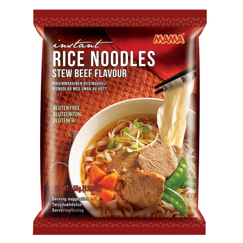 Mama Instant noedels rundvleessmaak, glutenvrij, 55g, in een open verpakking met noedels en smaakpoeder zichtbaar.