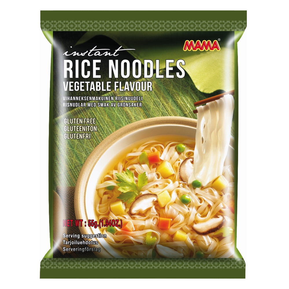 Mama Instant noedels groentesmaak in 55g glutenfree package, featuring vibrant vegetable flavor and cooked noodles.