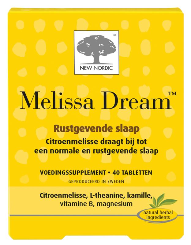 New Nordic Melissa Dream herbal supplement tablets in a bottle, herbal remedy for relaxation and sleep support.