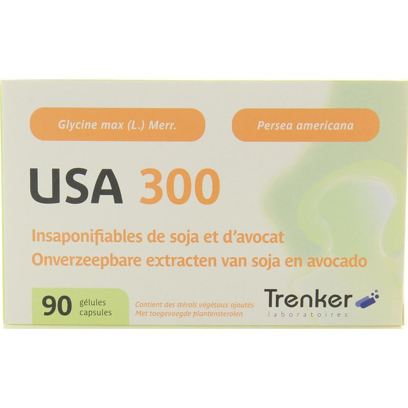 Trenker USA 300 Kruidenpreparaten capsules in a bottle, with label showing product details and branding.