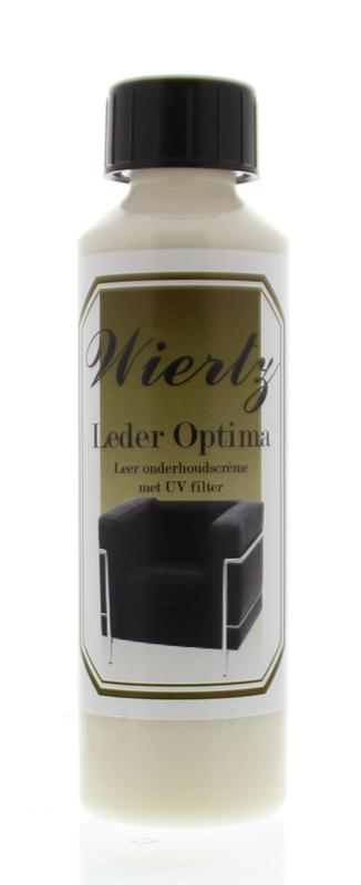 Wiertz Leder Optima cleaner bottle, 250ml, in a clear container with a black cap, designed for leather cleaning and maintenance.