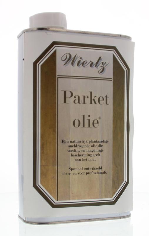 Wiertz Parket olie 1 liter, natural wood floor oil from Wiertz, shown in a clean, clear container with the product label visible.