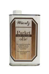 Wiertz Parket onderhoudsolie 1 liter in een open fles, geschikt voor schoonmaak en onderhoud van houten parketvloeren.