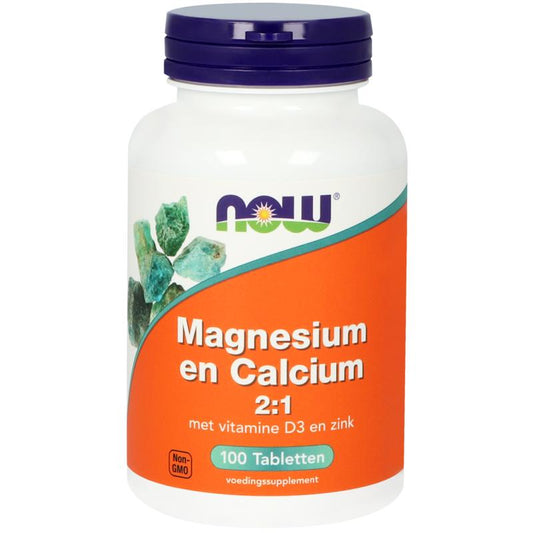 NOW Magnesium and Calcium mineral supplement bottle with 100 tablets, showcasing the product label and tablets inside the bottle.