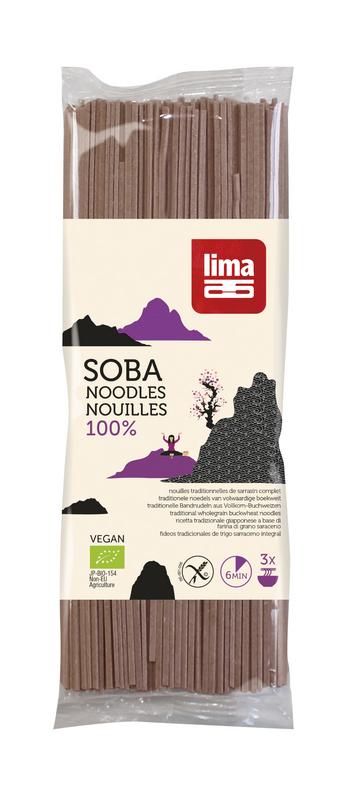 Lima Soba 100% bio rice pasta in a 200g package, showing the packaged product with rice pasta strands.