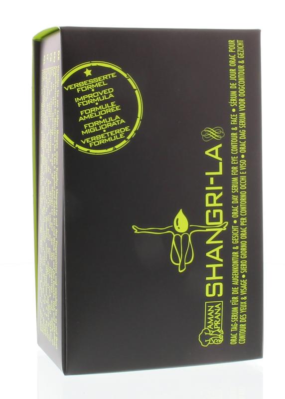 Amanprana Shangri-la orac serum 50ml in a glass bottle, natural facial skincare product with dropper cap on a white background.