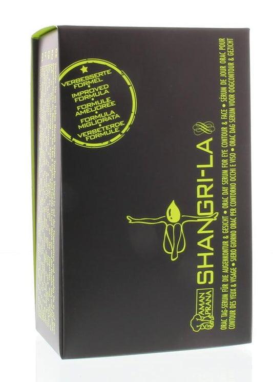 Amanprana Shangri-la orac serum 50ml in a glass bottle, natural facial skincare product with dropper cap on a white background.