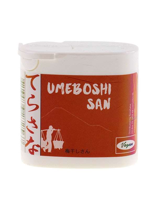 TS Import Umeboshi san pillen, 16g, Japanese pickled plum pills, displayed in a transparent container with umeboshi fruit.
