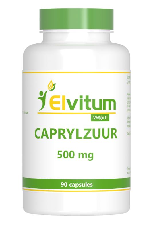 Elvitum Caprylzuur 500mg vegetarian capsules, softgel dietary supplement with fatty acids, in a bottle.