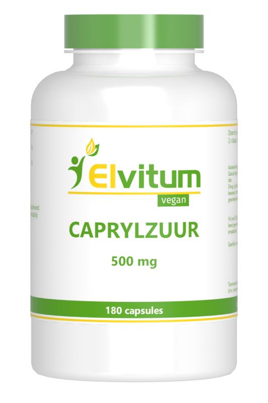 Elvitum Caprylzuur 500mg vegetarian capsules, dietary supplement in clear bottle with capsules inside.