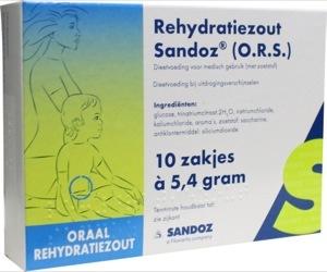 Sandoz Rehydratatiezout sachet 5.4g for medical rehydration, shown in a pack of 10 sachets, used for medical dietary needs.